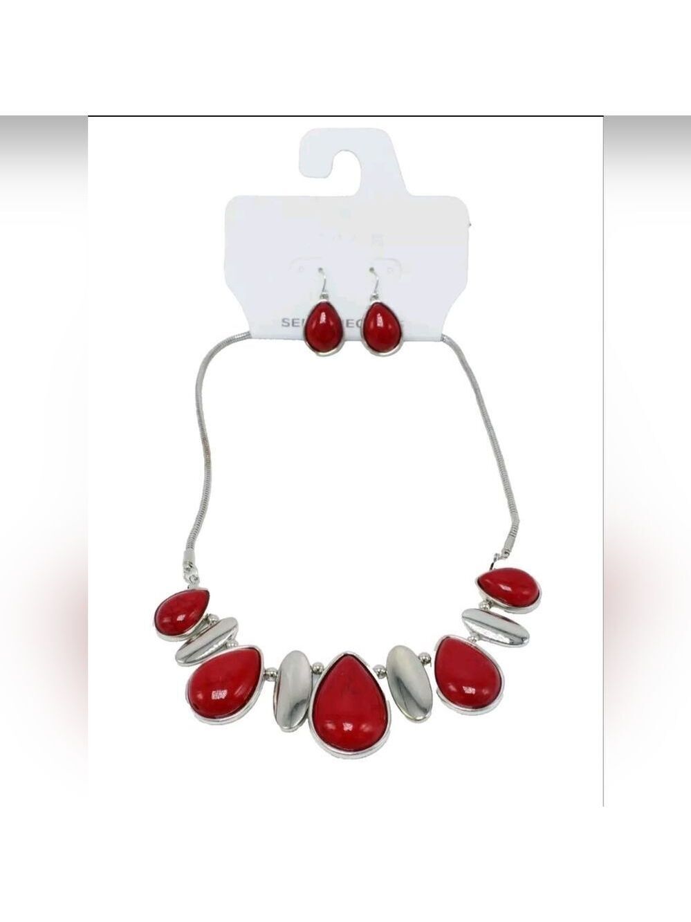 Semi Precious Red & Silver Necklace Earring Set NWT 18"